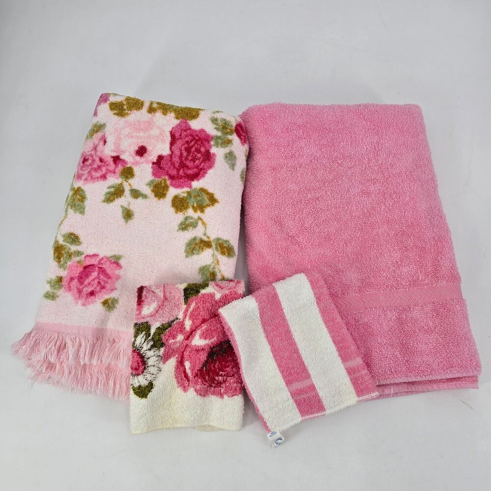 Vintage Cannon & Stevens Utica Floral Towel Set Pink Roses Cottagecore